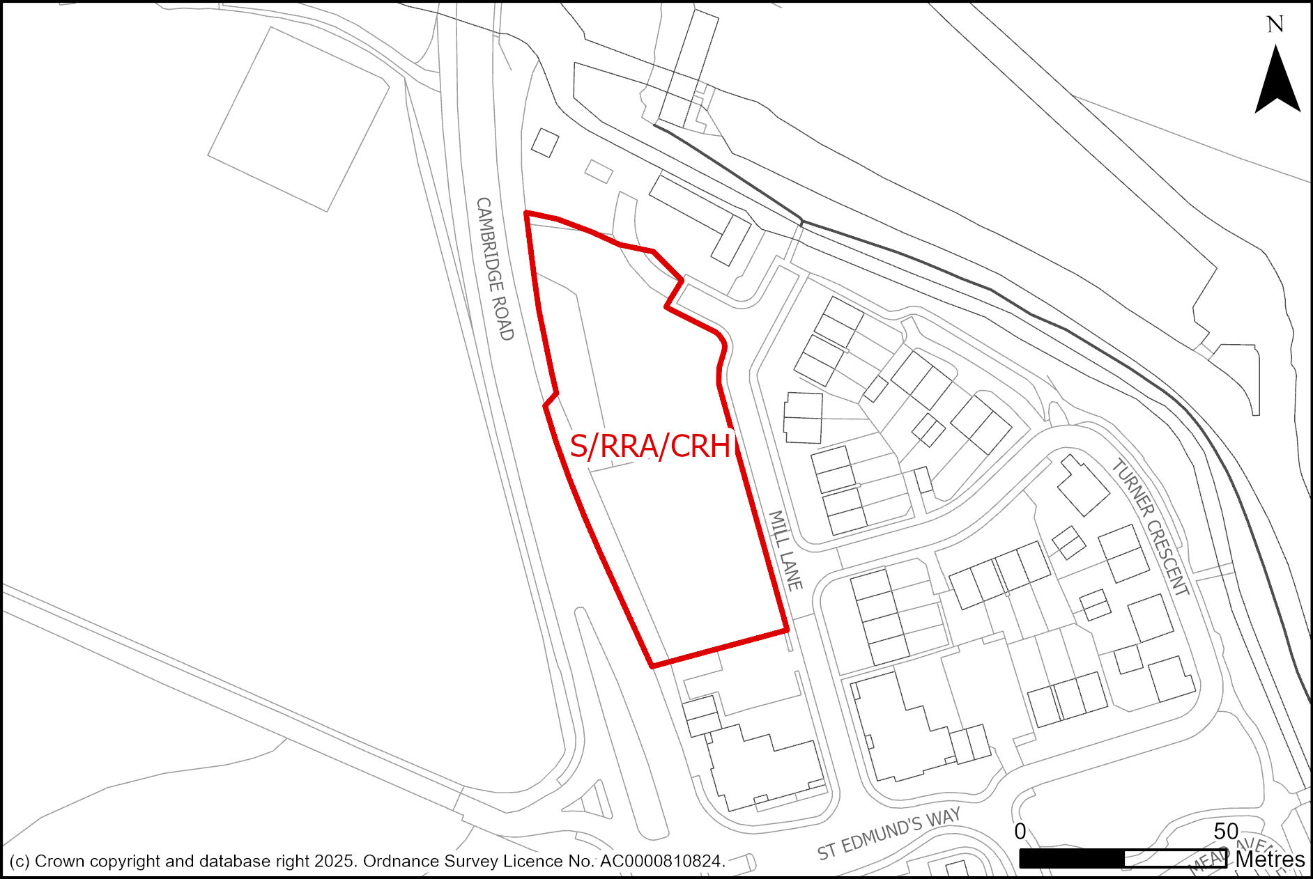 Site plan of land adjacent to Cambridge Road (A10) and Mill Lane, Hauxton