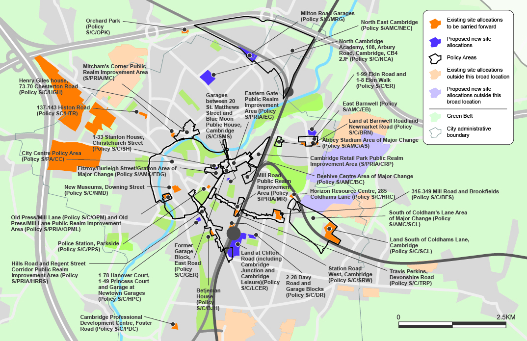 Map of site allocations and policy areas in Cambridge.