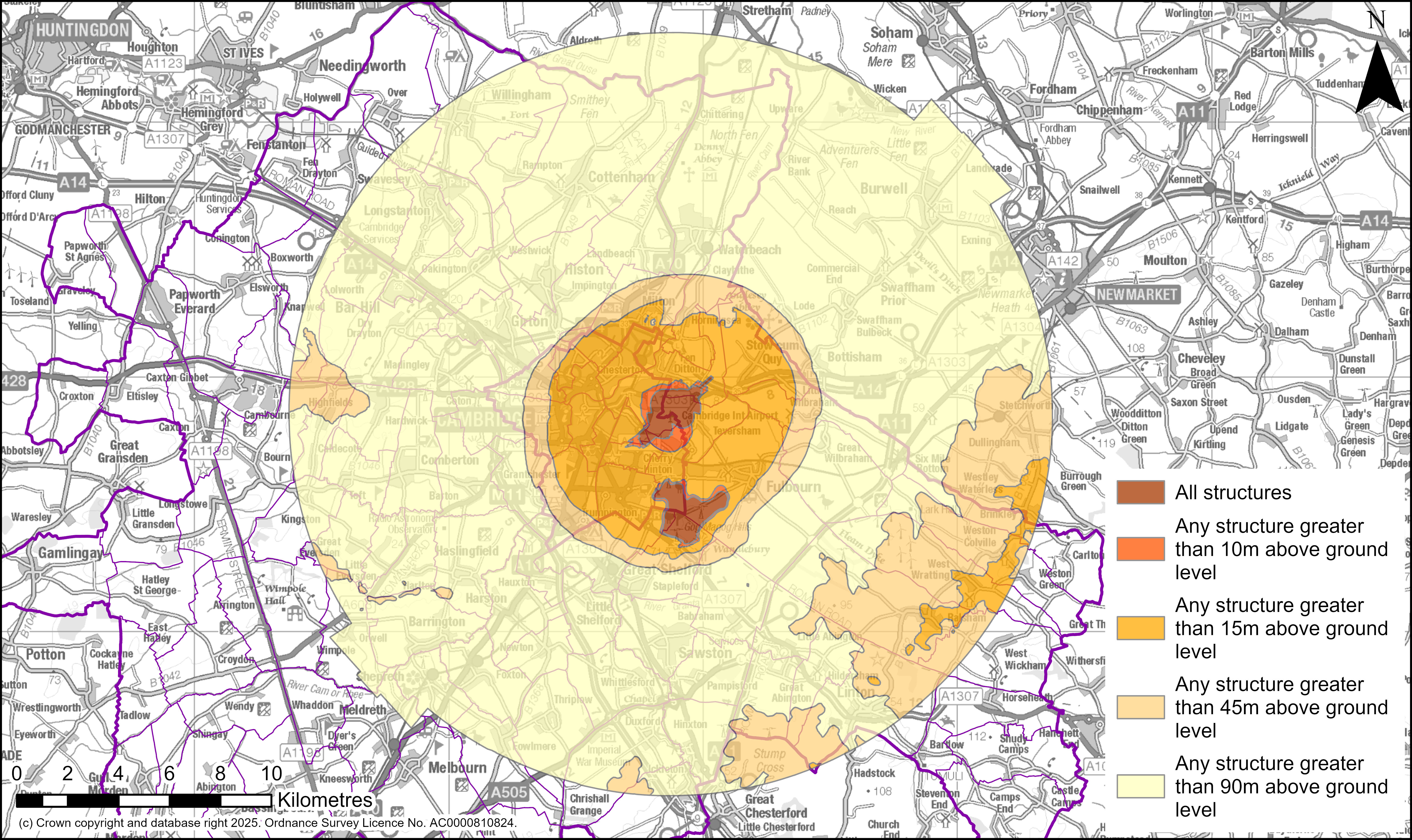 Map showing the Cambridge Airport Safety Zone