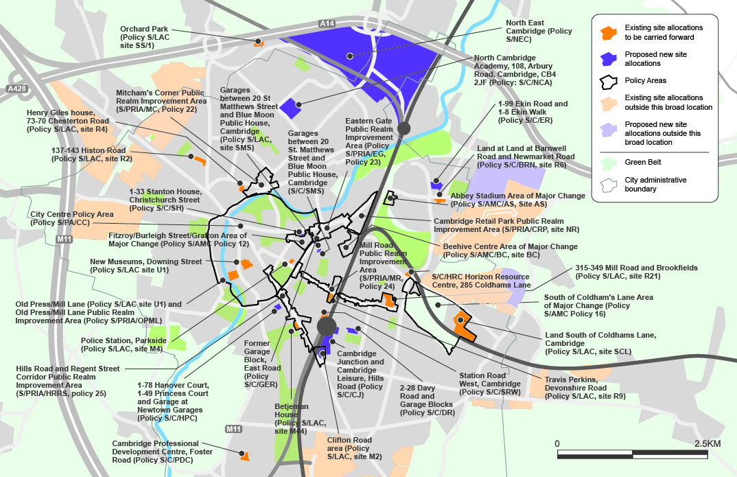 Map of proposed site allocations and policy areas in Cambridge urban area 