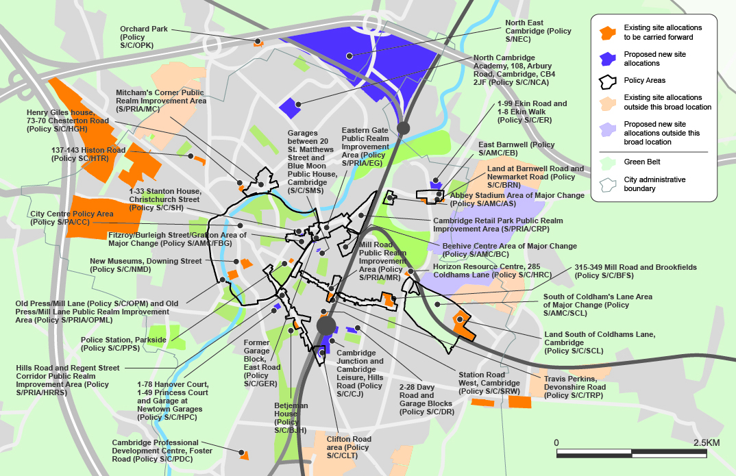 Map of proposed site allocations and policy areas in Cambridge urban area