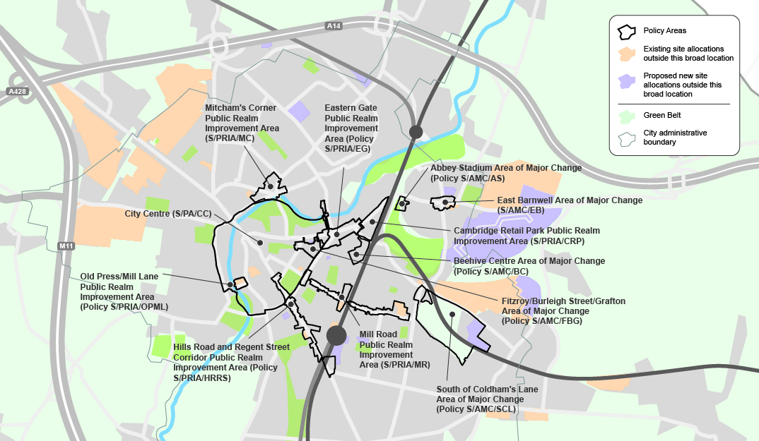 Map of Public Realm Improvement Areas (PRIA) in Cambridge in the Cambridge urban area
