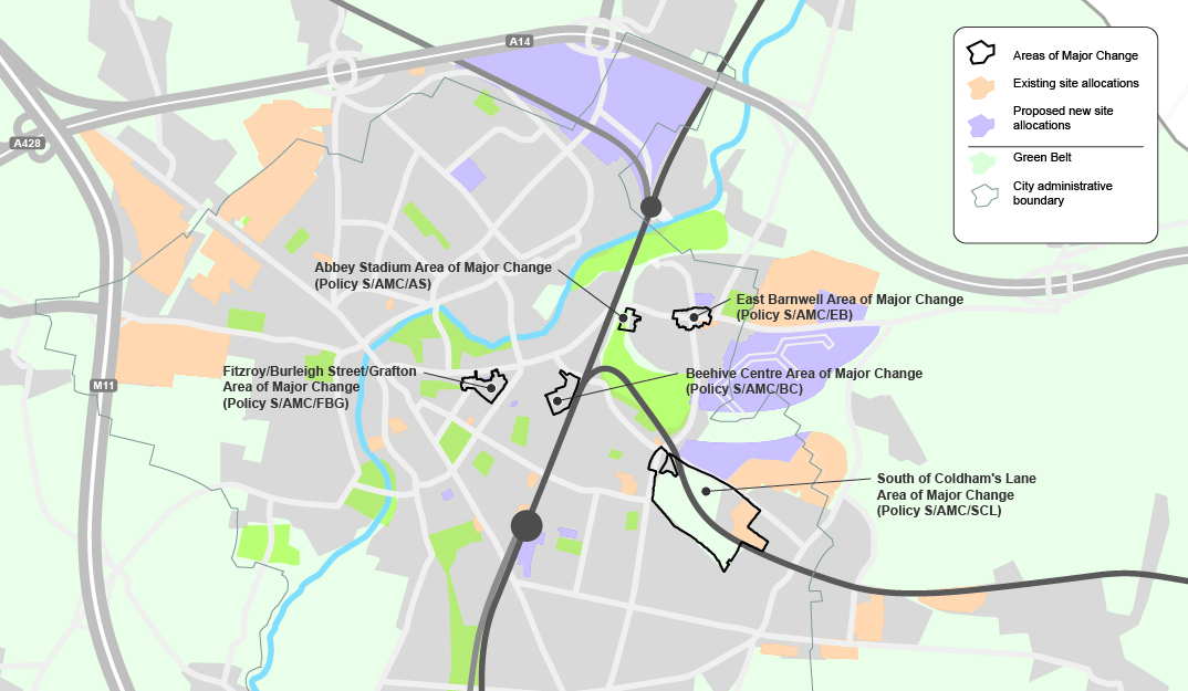 Map showing proposed Areas of Major Change in the Cambridge policy area