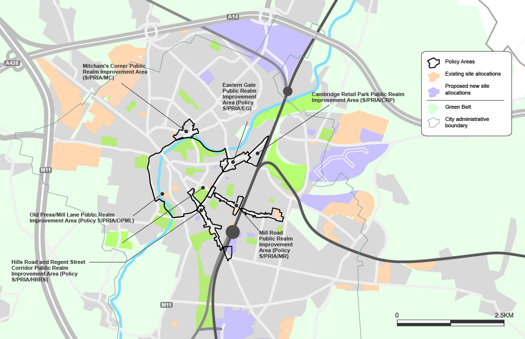Map of Public Realm Improvement Areas (PRIA) in Cambridge in Cambridge urban area