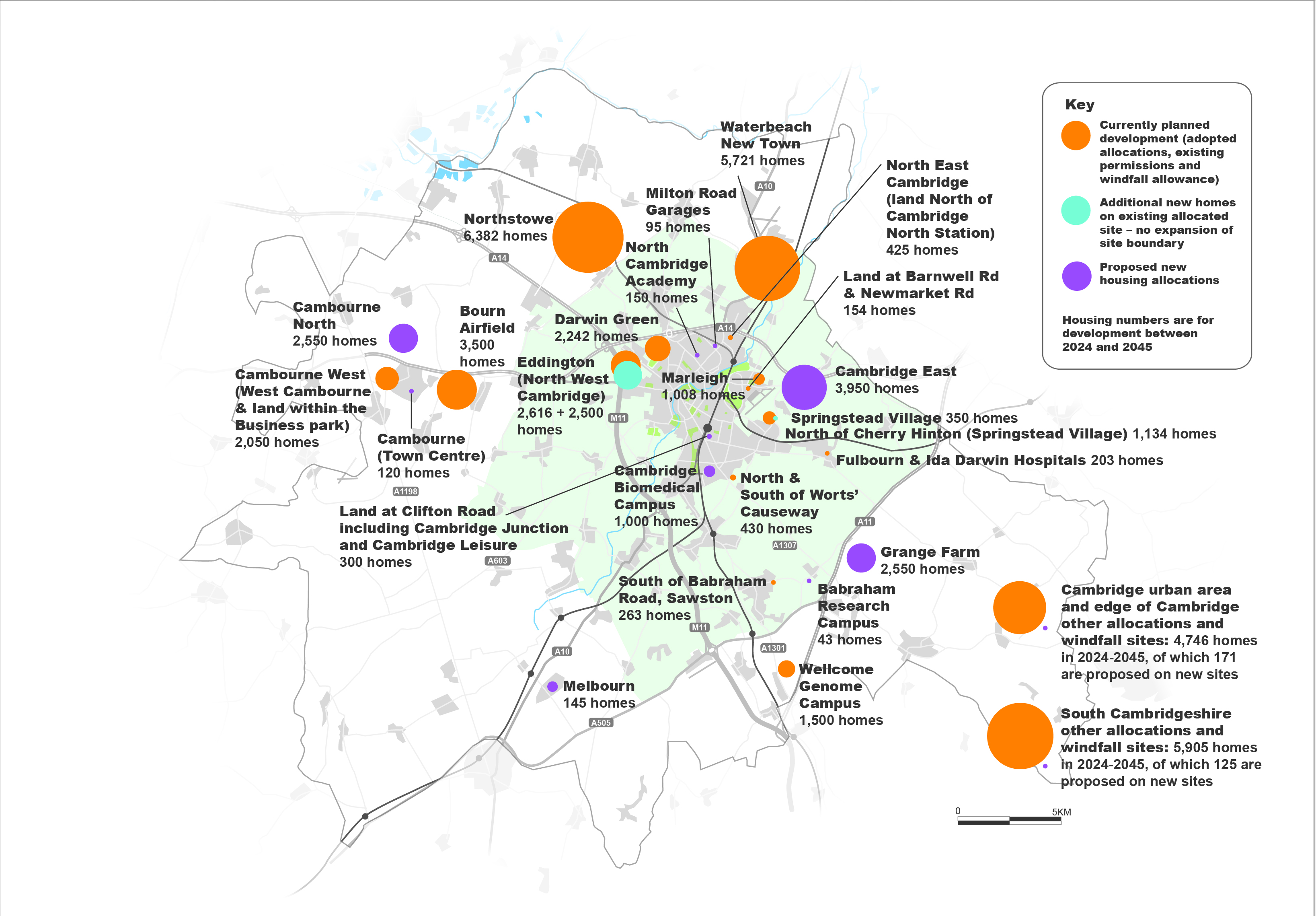 Illustrative map showing locations of proposed new housing development from 2024 to 2045