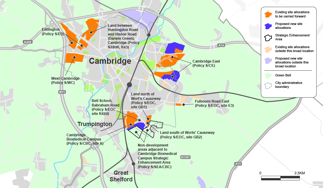 Map of proposed allocations and areas of major change on the edge of Cambridge 