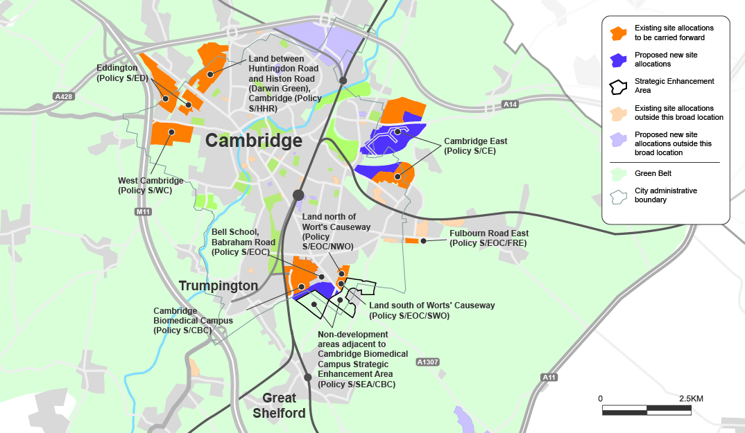Map of proposed allocations and areas of major change on the edge of Cambridge
