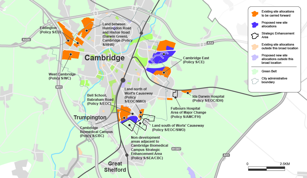 Map of proposed allocations and areas of major change on the edge of Cambridge.