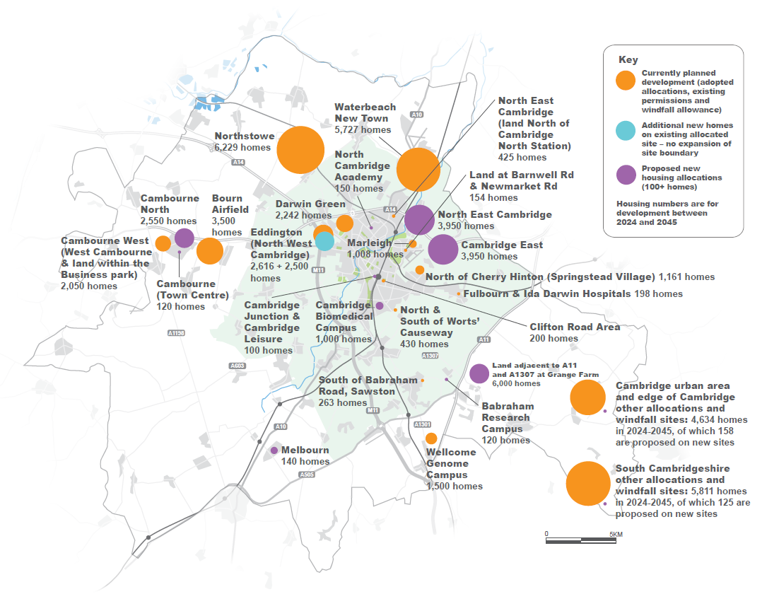 Illustrative map showing locations of proposed new housing development, 2024-2045