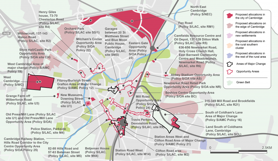 Figure 14: Map of proposed development sites, areas of major change and opportunity areas in the city of Cambridge