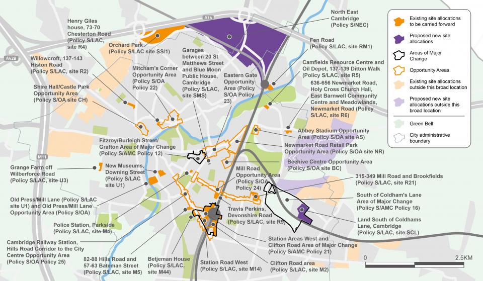 Figure 14: Map of proposed development sites, areas of major change and opportunity areas in the Cambridge urban area 