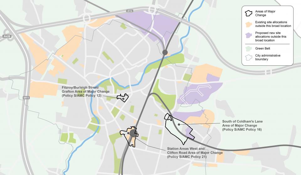 Figure 16: Map showing proposed Areas of Major Change in Cambridge urban area