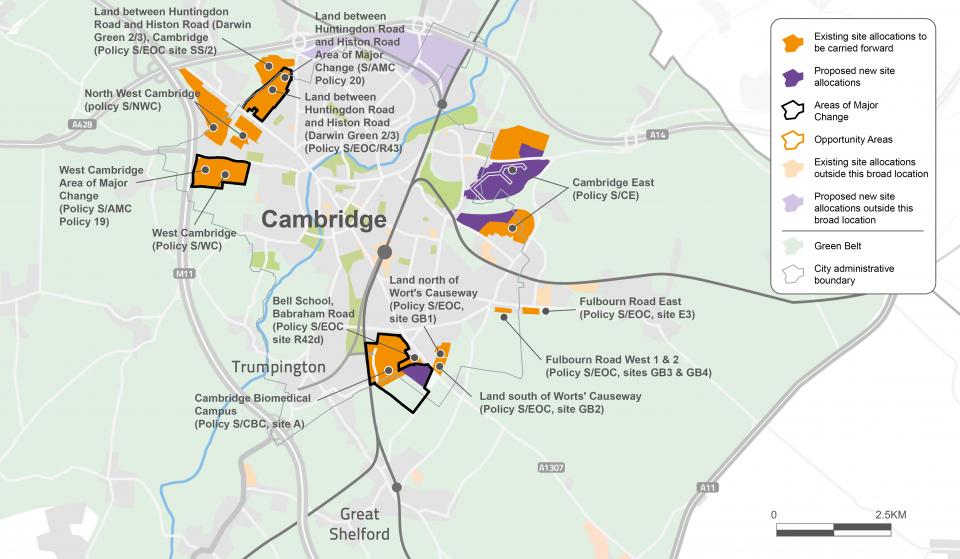 Figure 25: Map of proposed allocations and areas of major change on the edge of Cambridge